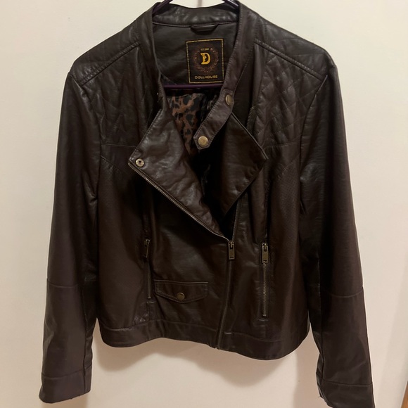 Dollhouse Womens Faux Leather Jacket Juniors Size 1X Brown Asymmetrical Zip - Picture 2 of 4